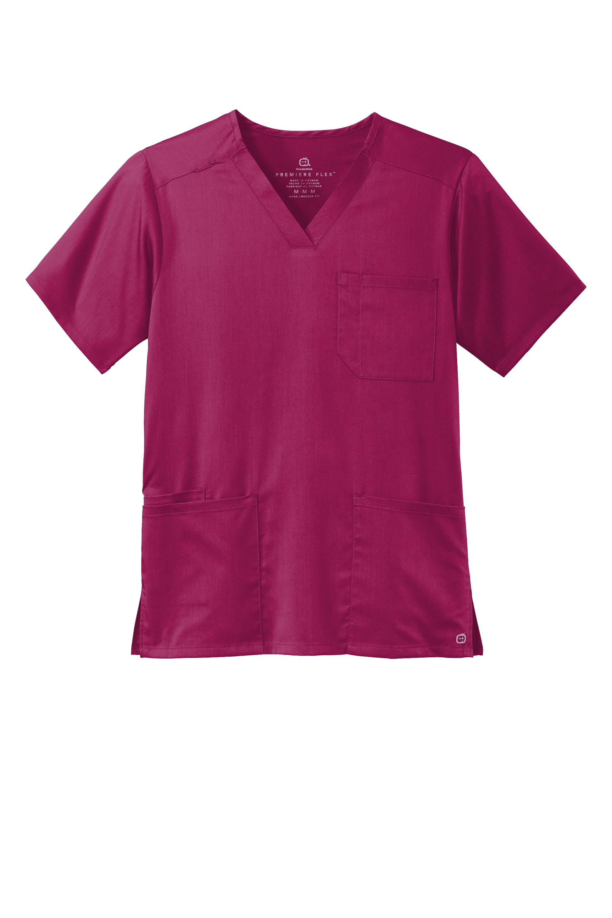 Front view of Wink Men's Premiere Flex V-Neck Scrub Top in wine with printed design, made for comfortable medical scrubs.