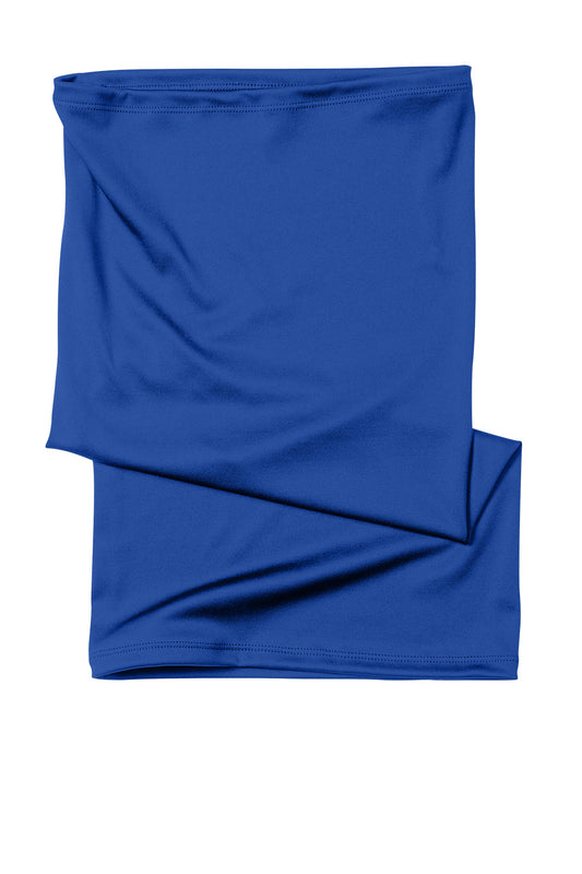 Print-View Port Authority® Stretch Performance Gaiter in royal blue, showing its flat front design and flexible fabric for face covering.