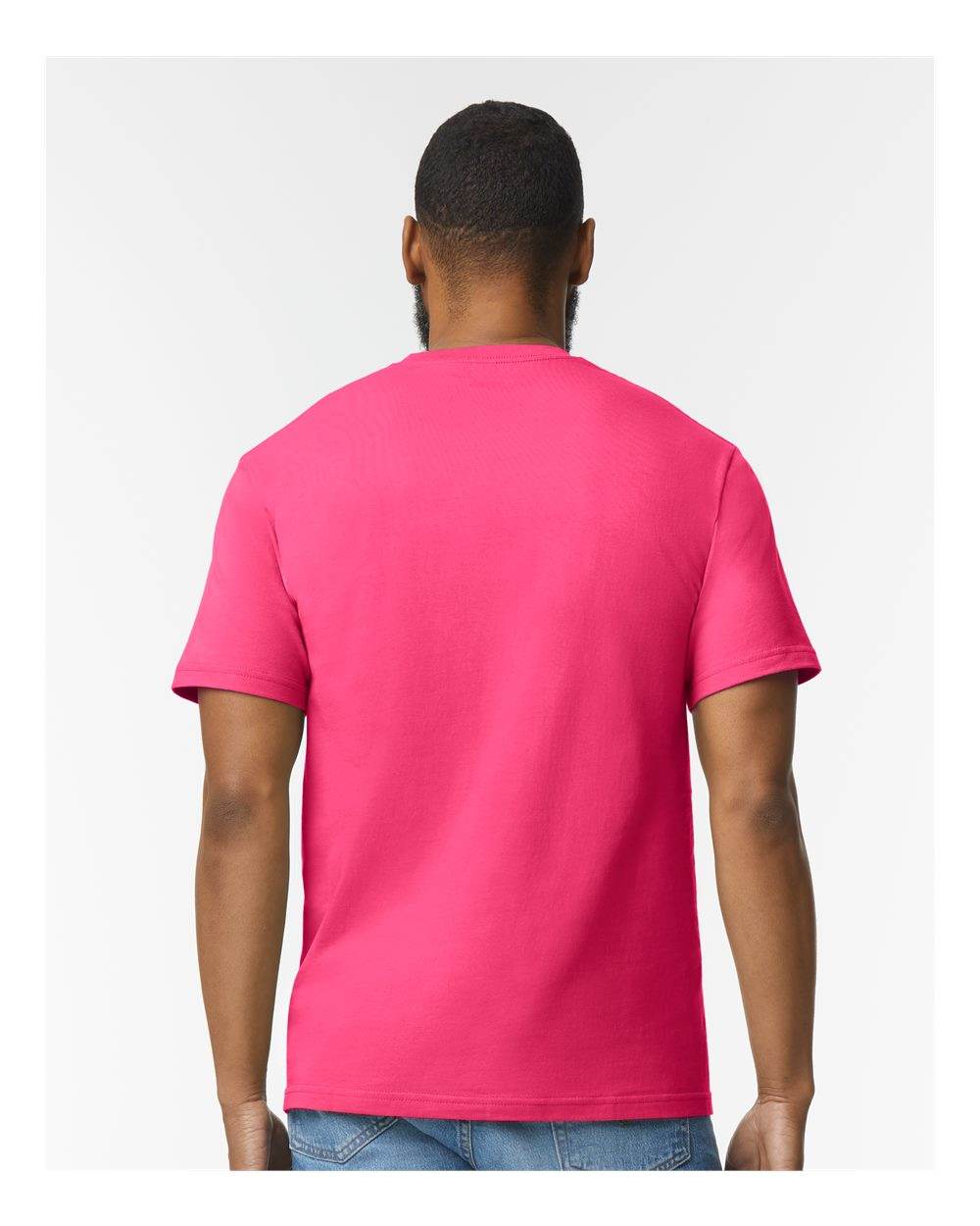 Gildan Softstyle midweight fashion t-shirt in heliconia color, back view showing fit and fabric texture.