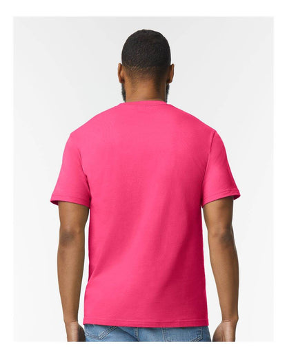 Gildan Softstyle midweight fashion t-shirt in heliconia color, back view showing fit and fabric texture.