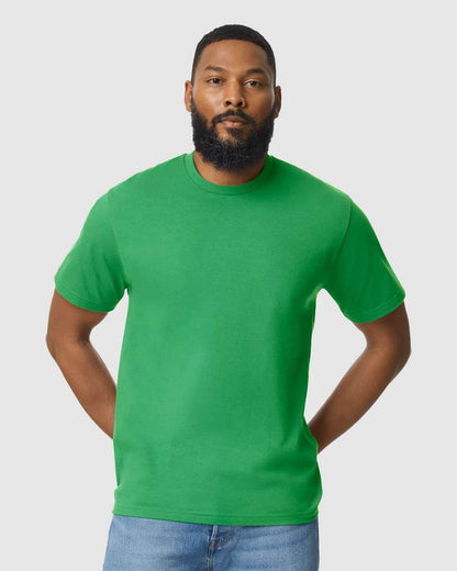 Gildan Softstyle midweight T-shirt in Irish Green, front view on high model, soft fabric and casual fit