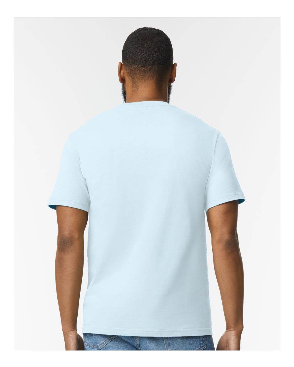Light blue Gildan Softstyle® Midweight T-shirt, front view on high model, showcasing soft fabric and casual fit.