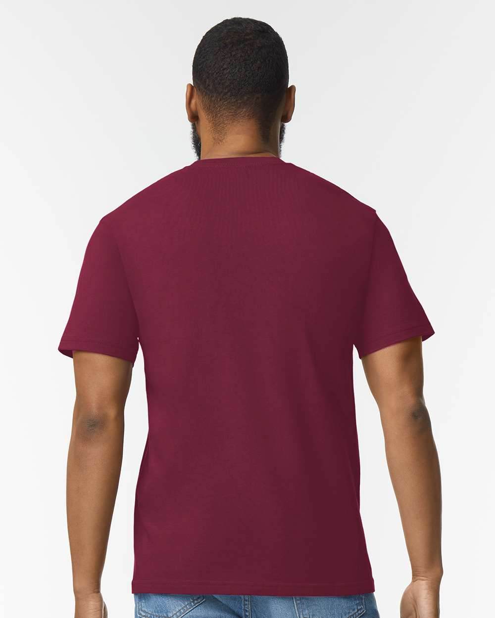 Maroon Gildan Softstyle® Midweight T-shirt in soft fashion style, shown from the back on a high model.