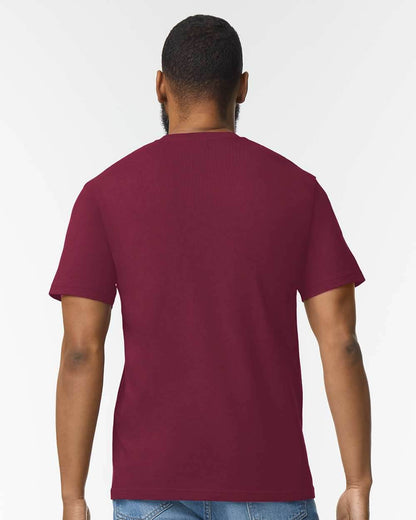 Maroon Gildan Softstyle® Midweight T-shirt in soft fashion style, shown from the back on a high model.