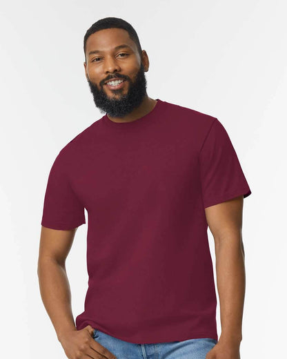 Maroon Gildan Softstyle Midweight T-shirt, front view, high model shot showing soft fabric and classic fit.