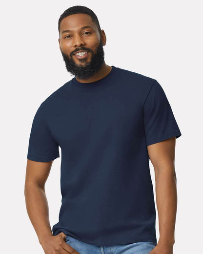 Navy Gildan Softstyle® Midweight T-shirt front view, soft fashion fit, high model showcasing the Gildan 65000 t-shirt design.