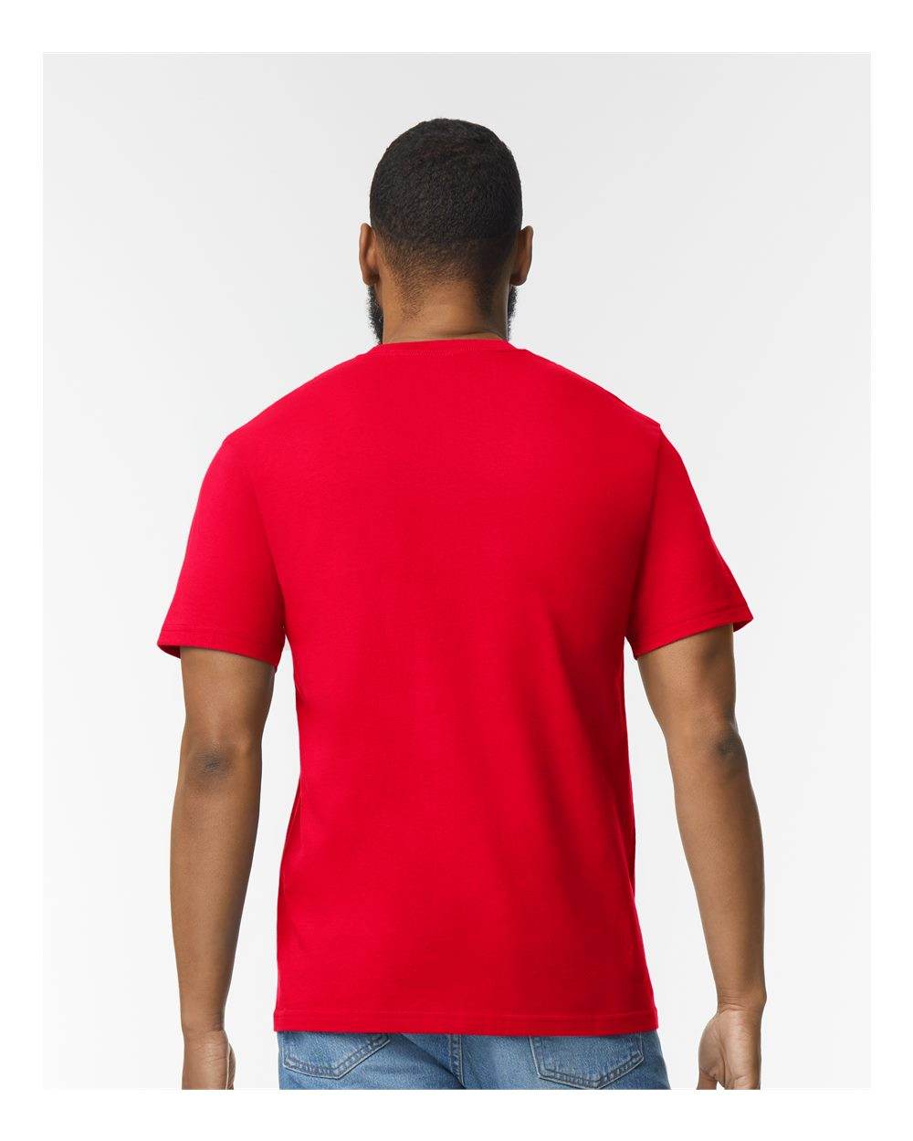 Gildan Softstyle Midweight T-Shirt in red, back view on a high model, showcasing soft fabric and casual fashion style.