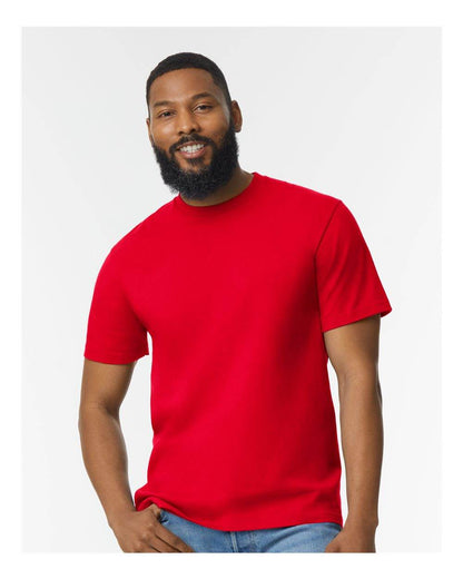 Red Gildan Softstyle® Midweight T-Shirt 65000, soft fashion tee with front view on high model.