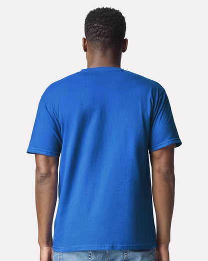 Royal blue Gildan Softstyle midweight T-shirt displayed on a high model, showcasing its soft fabric and comfortable fit.
