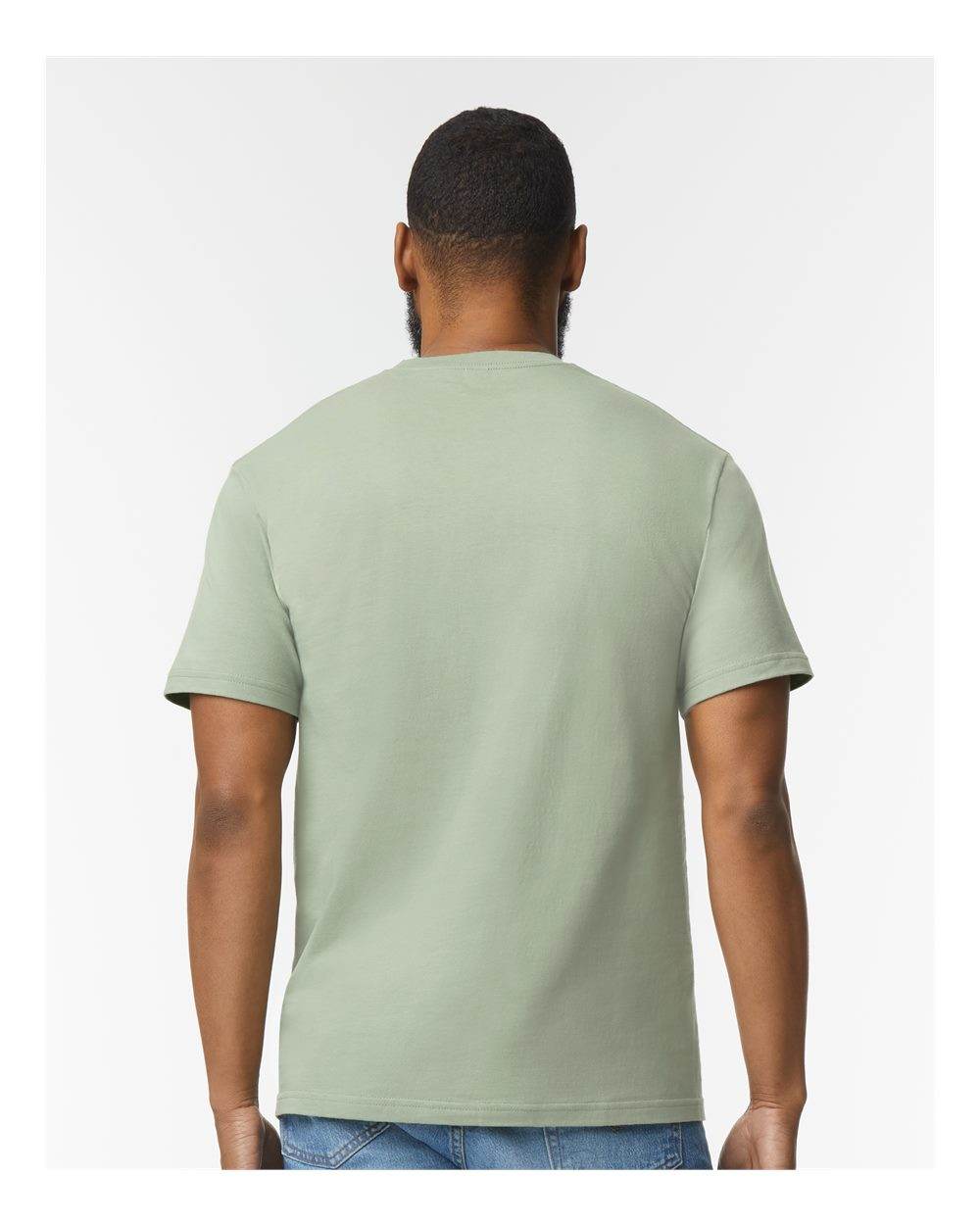 Gildan Softstyle® midweight fashion T-shirt in sage color, back view on high model showing fabric and fit.
