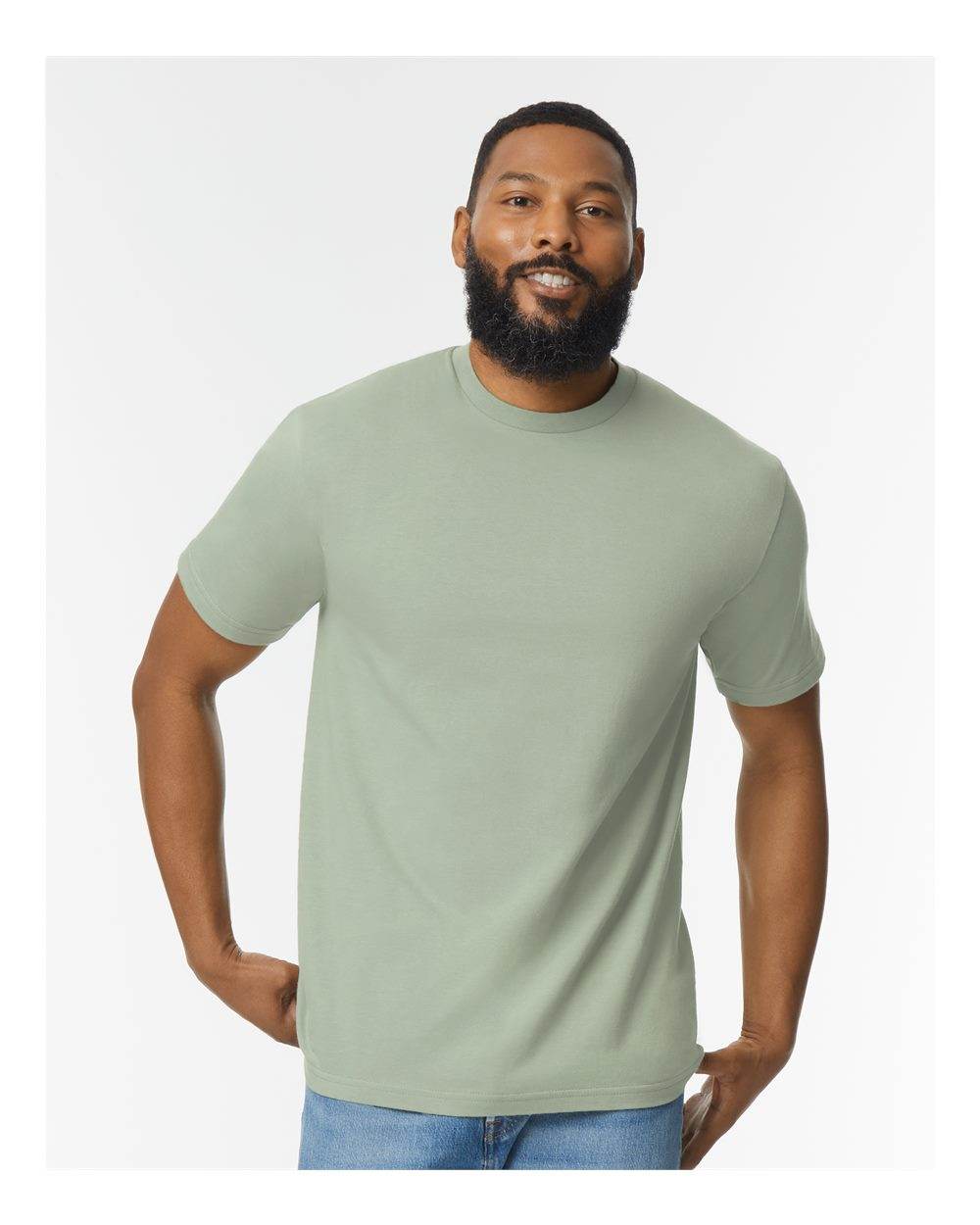 Gildan Softstyle® midweight sage T-shirt, soft fashion fit, front view on high-model, casual clothing for men and women.