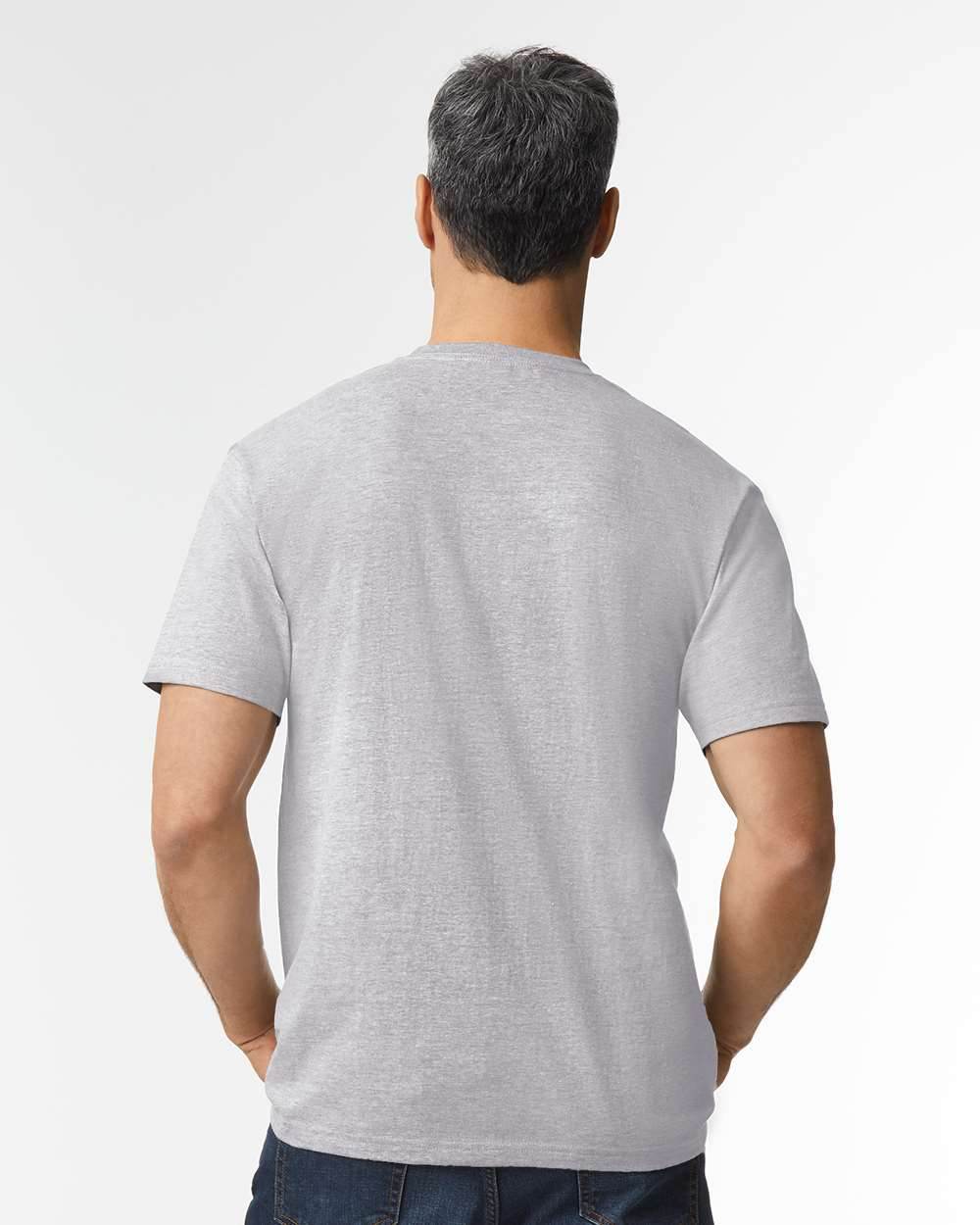 Gildan Softstyle midweight T-shirt in sport grey, high model front view showcasing soft cotton fabric and classic fit.
