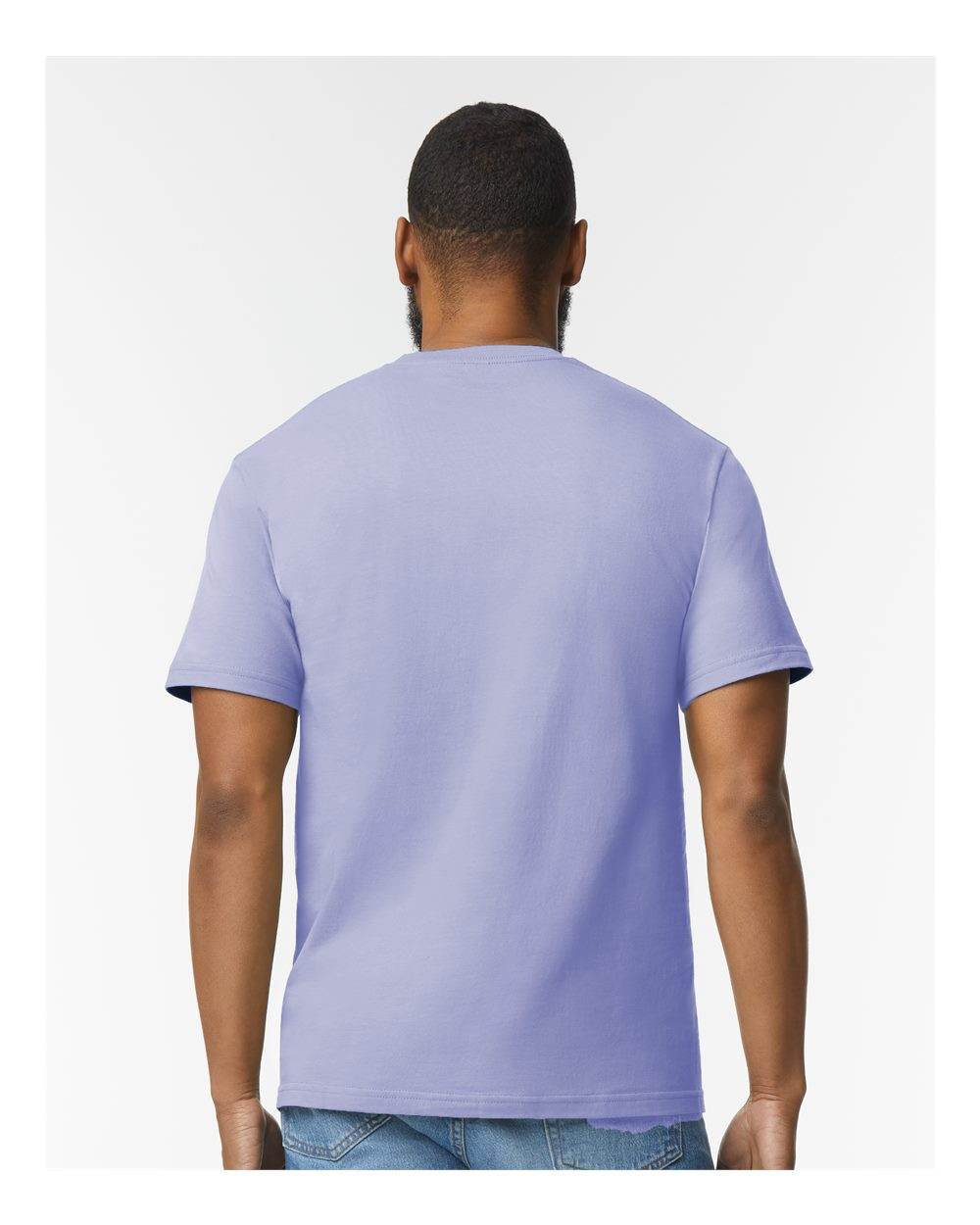Gildan Softstyle® midweight violet T-shirt from the back, high model view showing soft fabric and fit.