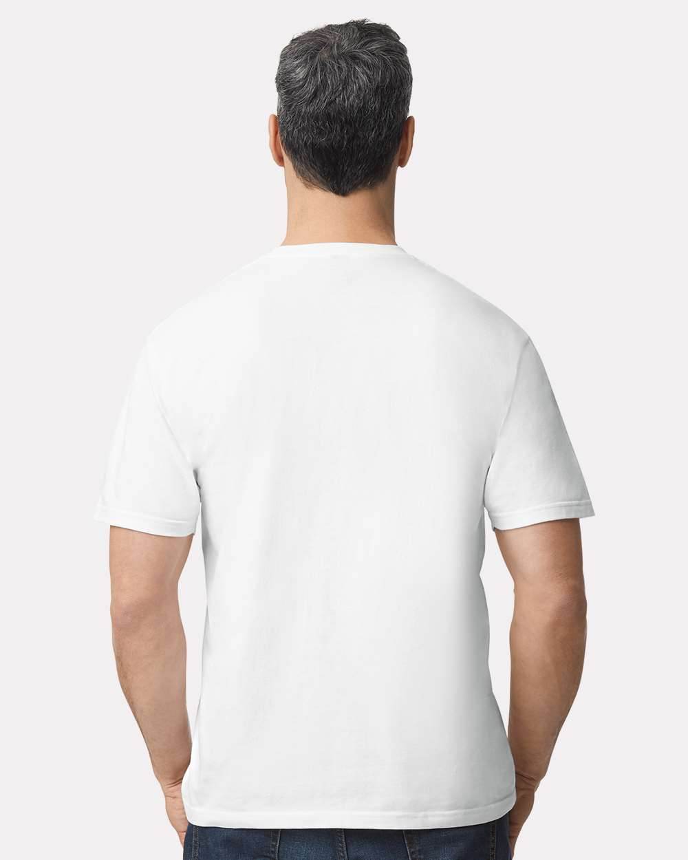 White Gildan Softstyle® Midweight T-Shirt, high model view showing back and fit, made for soft fashion and comfort.