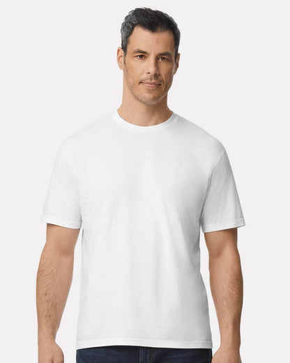 White Gildan Softstyle® Midweight T-Shirt 65000 front view on a high-model, showcasing soft fabric and casual fit.