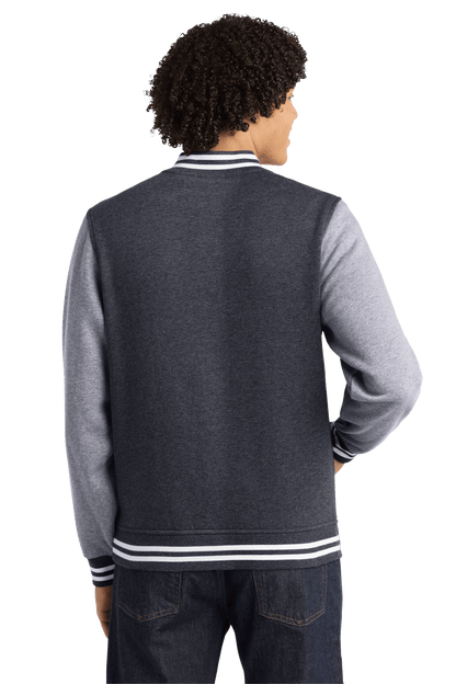Sport-Tek varsity jacket in graphite heather and vintage heather with customizable or plain design, front view of the jacket.