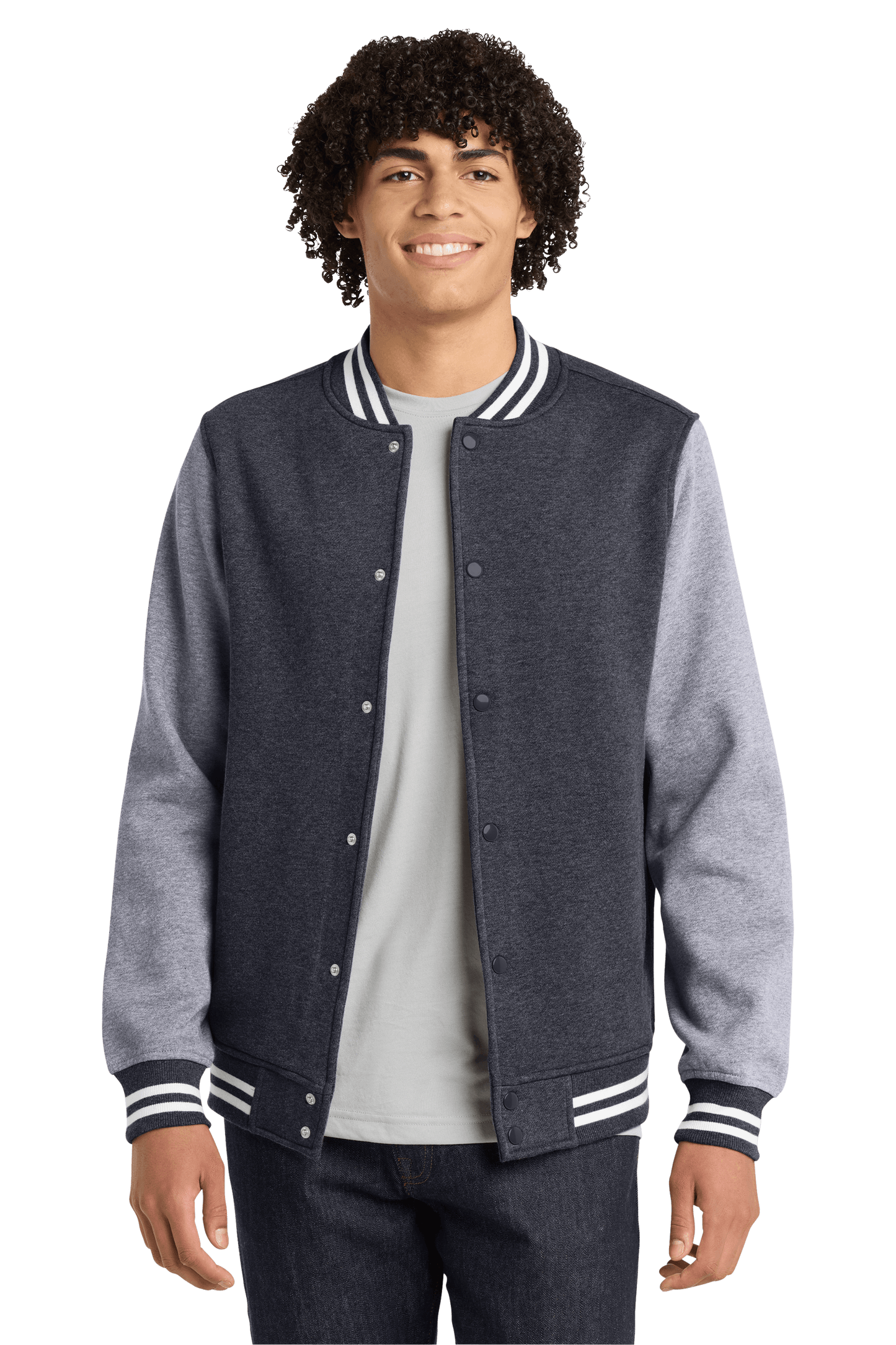 Graphite Heather varsity jacket by Sport-Tek with contrasting sleeves, front pockets, and ribbed cuffs, shown in print view.