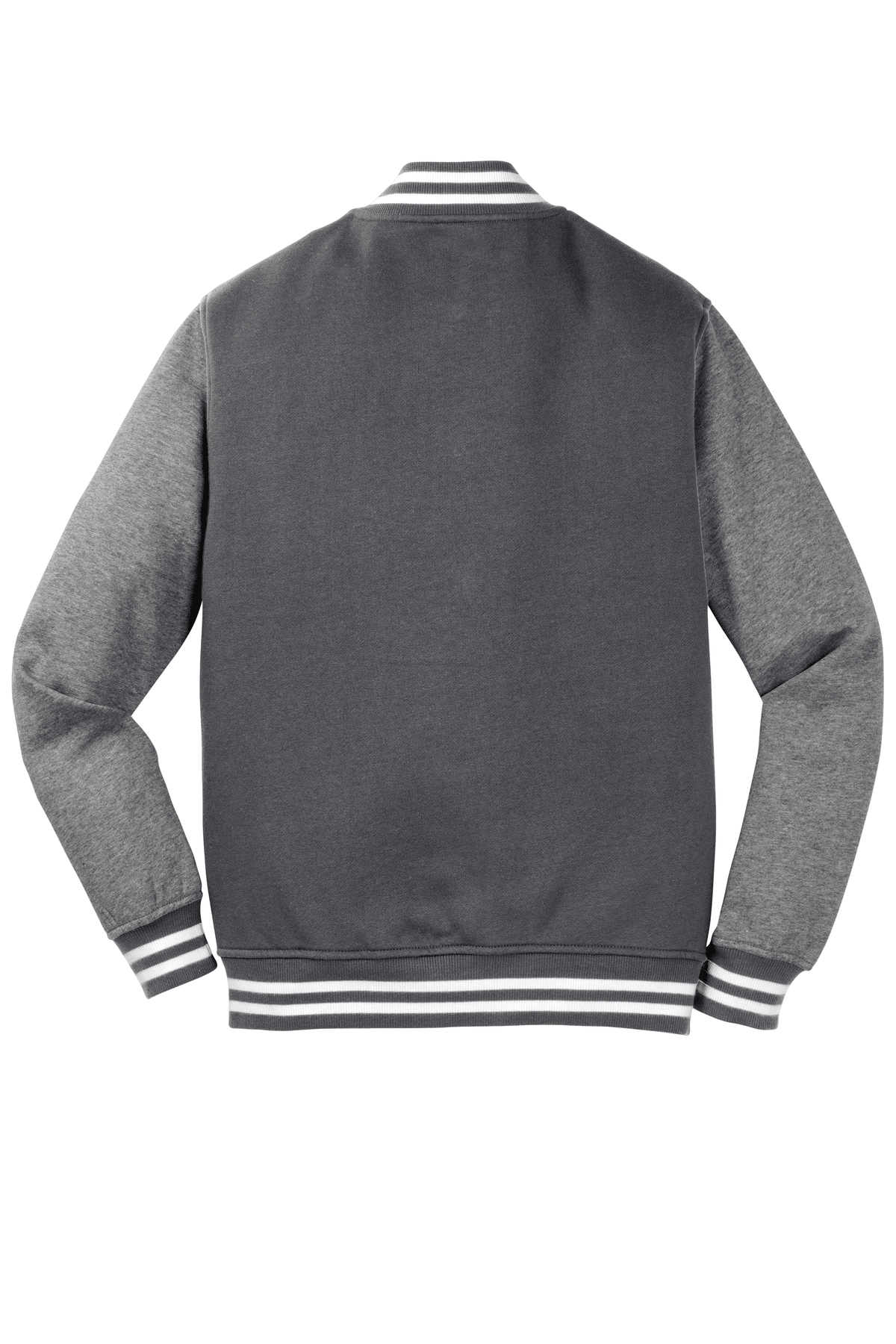 Graphite Heather Sport-Tek varsity jacket with customizable or plain options, showing front view with classic varsity design.