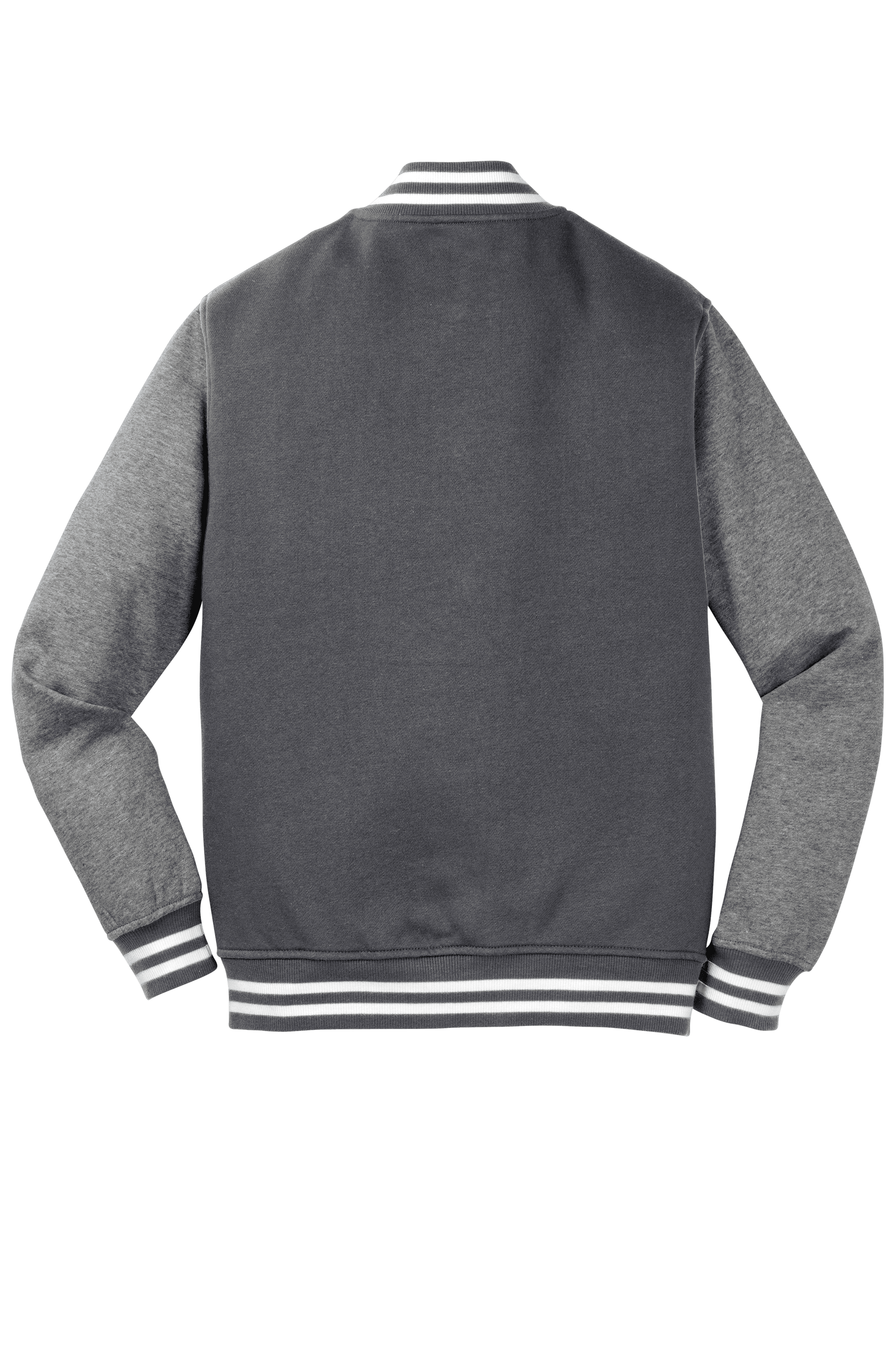 Graphite Heather Sport-Tek varsity jacket with customizable or plain options, showing front view with classic varsity design.