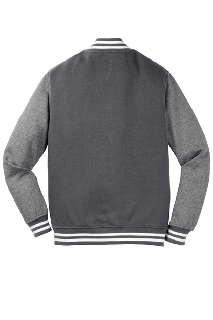 Graphite Heather Sport-Tek varsity jacket with customizable or plain options, showing front view with classic varsity design.