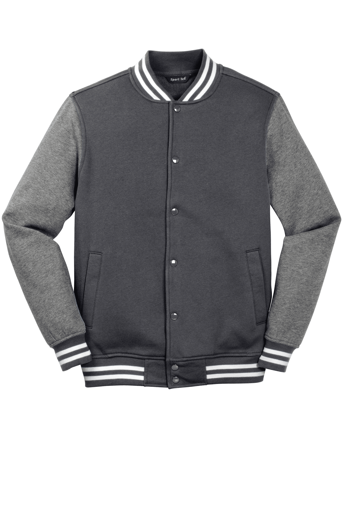 Graphite Heather Sport-Tek varsity jacket with customizable or plain options, featuring classic varsity style and contrasting details.