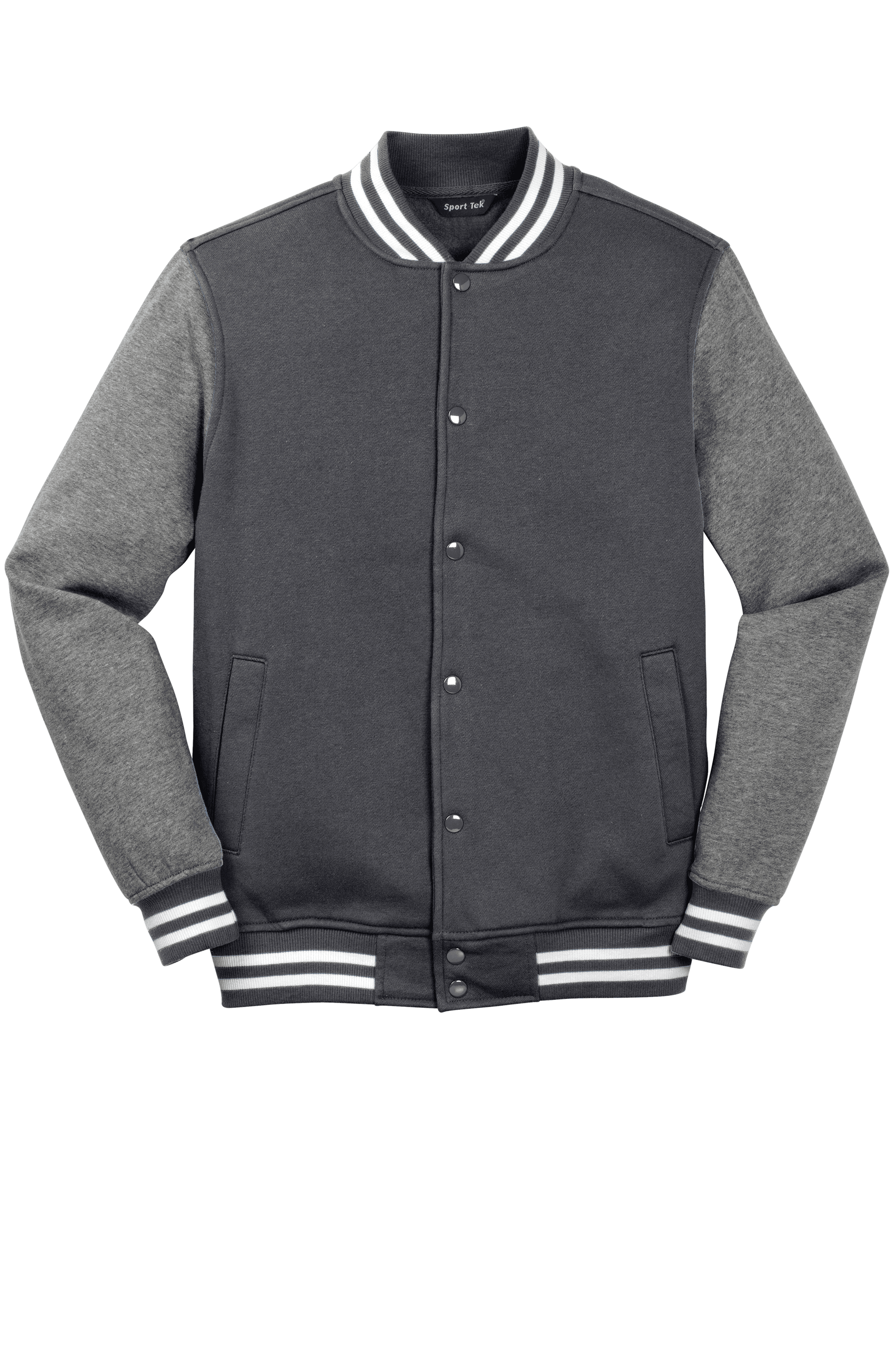 Graphite Heather Sport-Tek varsity jacket with customizable or plain options, featuring classic varsity style and contrasting details.