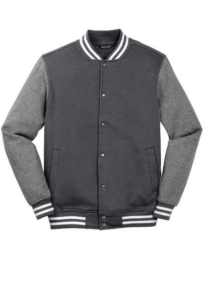 Graphite Heather Sport-Tek varsity jacket with customizable or plain options, featuring classic varsity style and contrasting details.