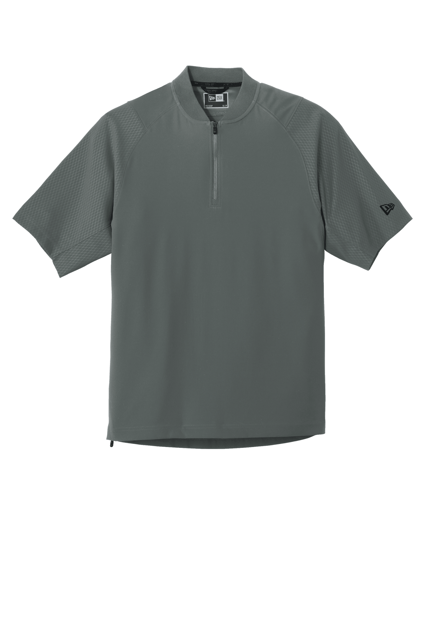 Graphite New Era® Cage short sleeve quarter zip jacket with custom print, featuring a 1/4-zip collar and lightweight design.