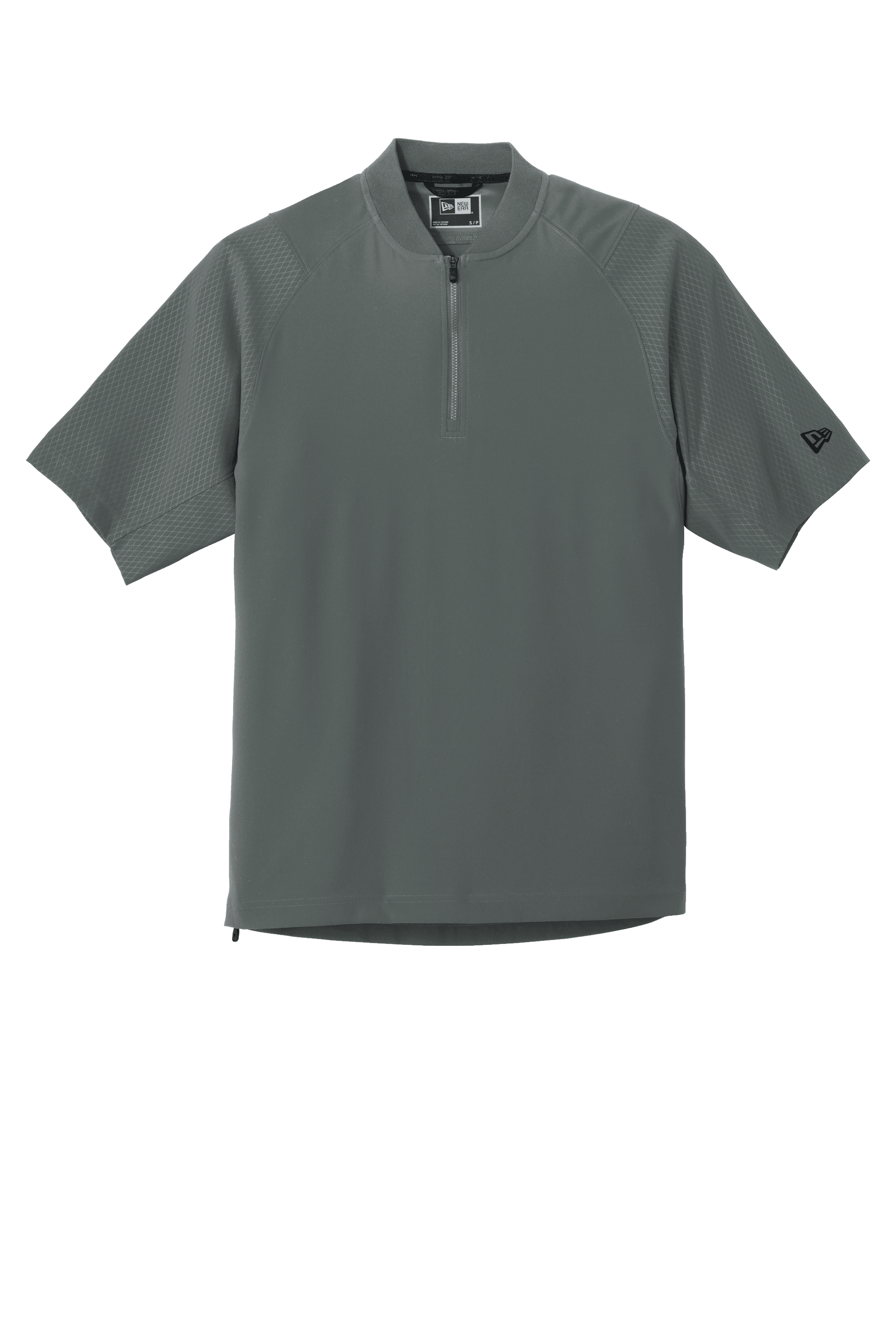 Graphite New Era® Cage short sleeve quarter zip jacket with custom print, featuring a 1/4-zip collar and lightweight design.