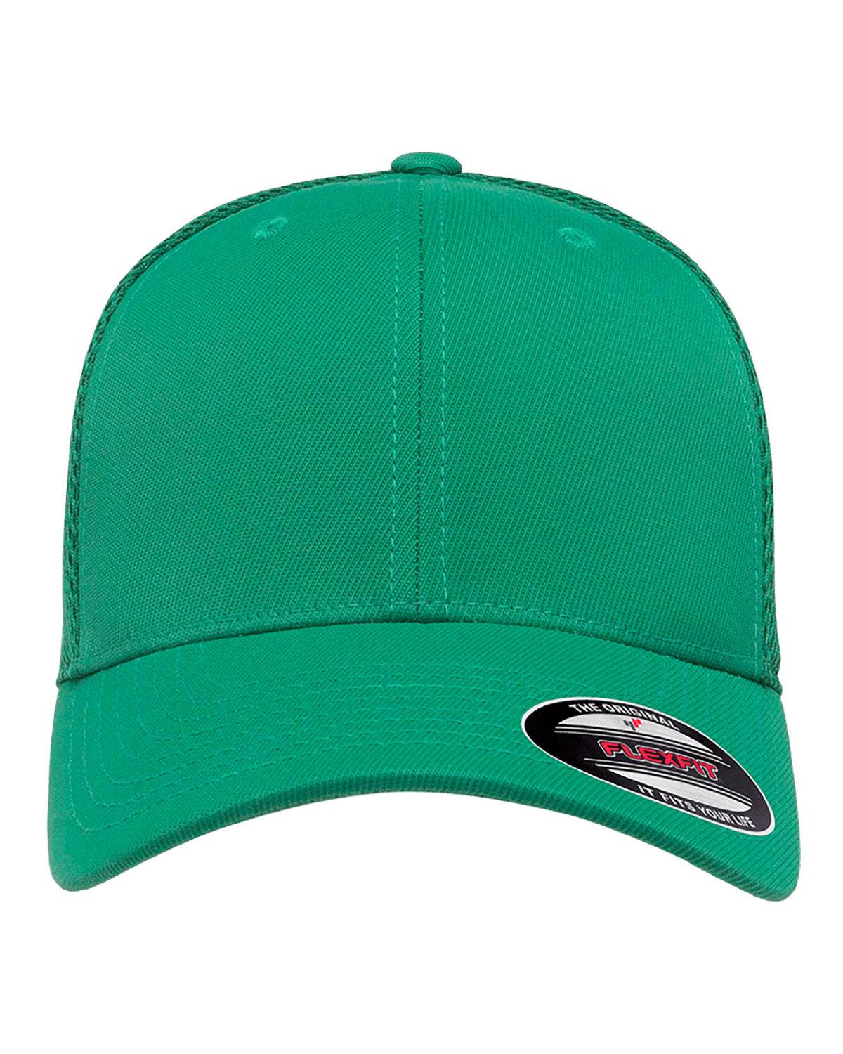 Green fitted mesh cap with print design by Print-View, showcasing a stylish and customizable fitted hat for casual wear.
