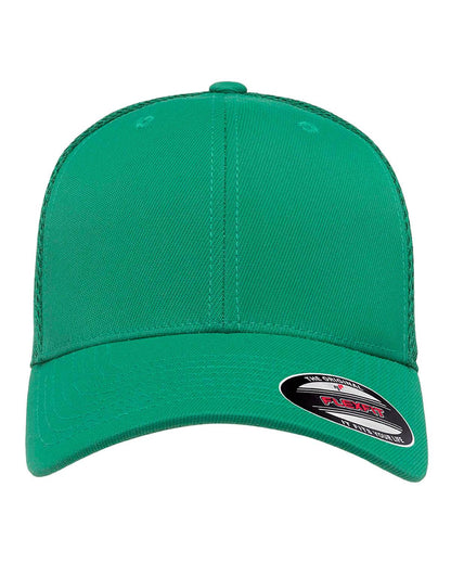 Green fitted mesh cap with print design by Print-View, showcasing a stylish and customizable fitted hat for casual wear.
