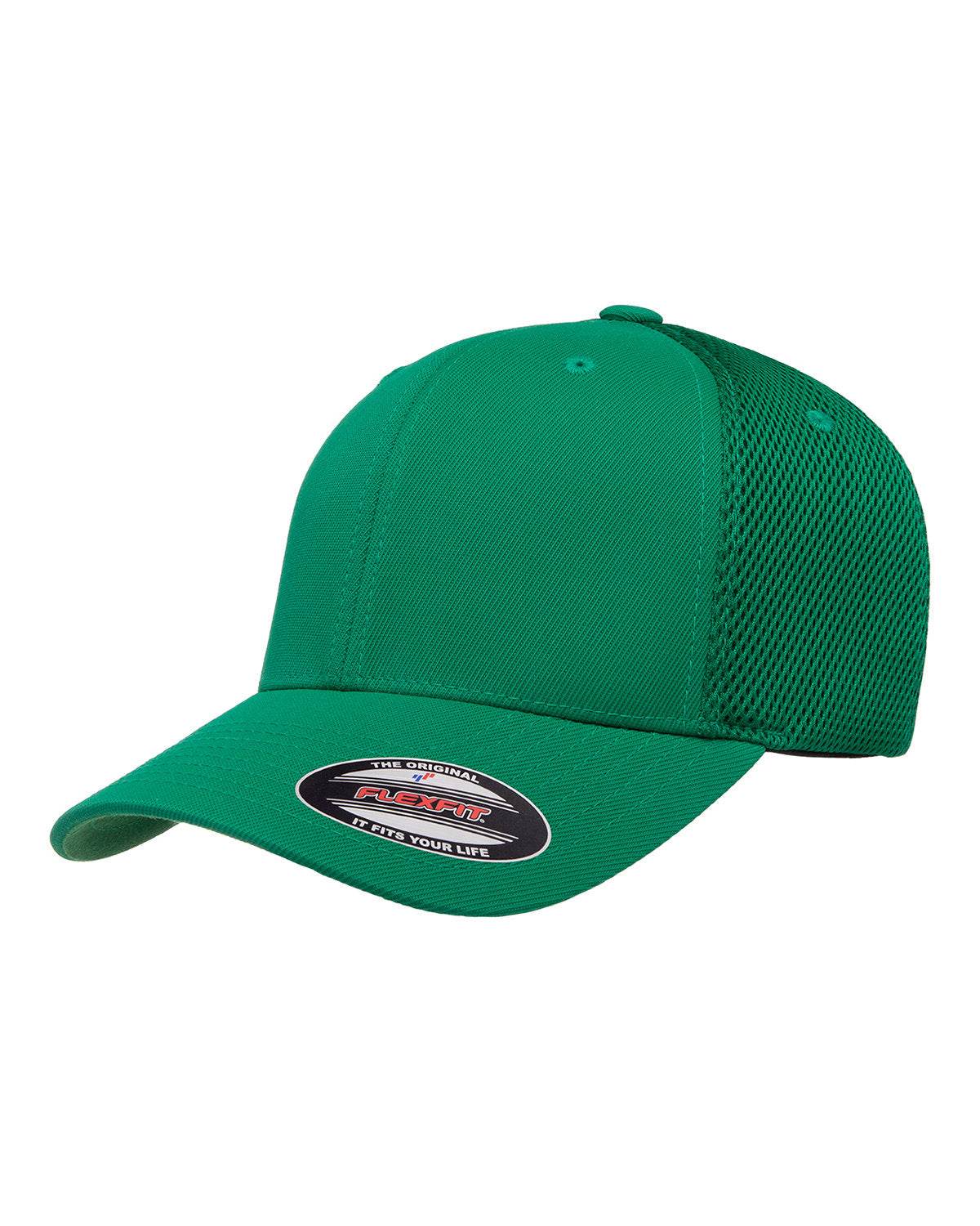 Green fitted mesh cap by Print-View with printed design, side view showing the structured crown and adjustable strap.