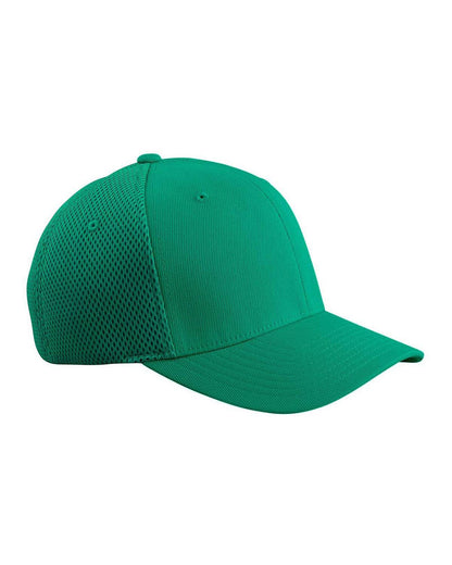 Green fitted mesh cap by Print-View with printed design, shown from the right side, perfect for customization or plain style.