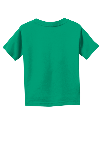 Back view of a green Rabbit Skins toddler fine jersey cotton T-shirt for kids, showcasing soft fabric and comfortable fit.