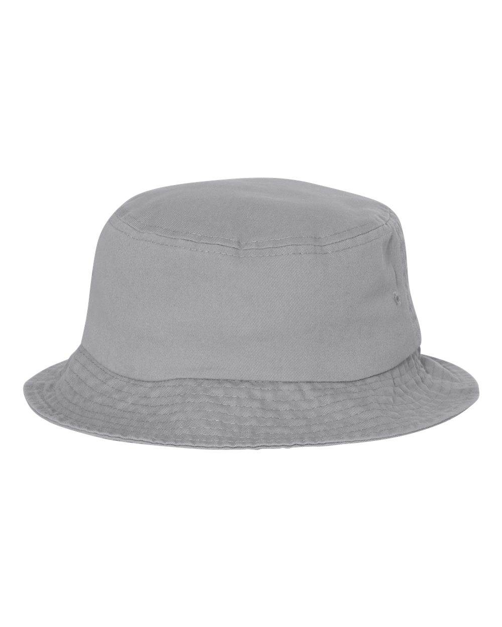 Grey bucket hat by Print-View featuring a printed design, available plain or customizable, made from lightweight fabric.