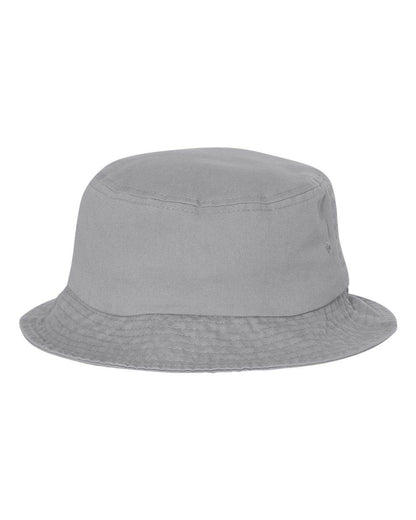 Grey bucket hat by Print-View featuring a printed design, available plain or customizable, made from lightweight fabric.