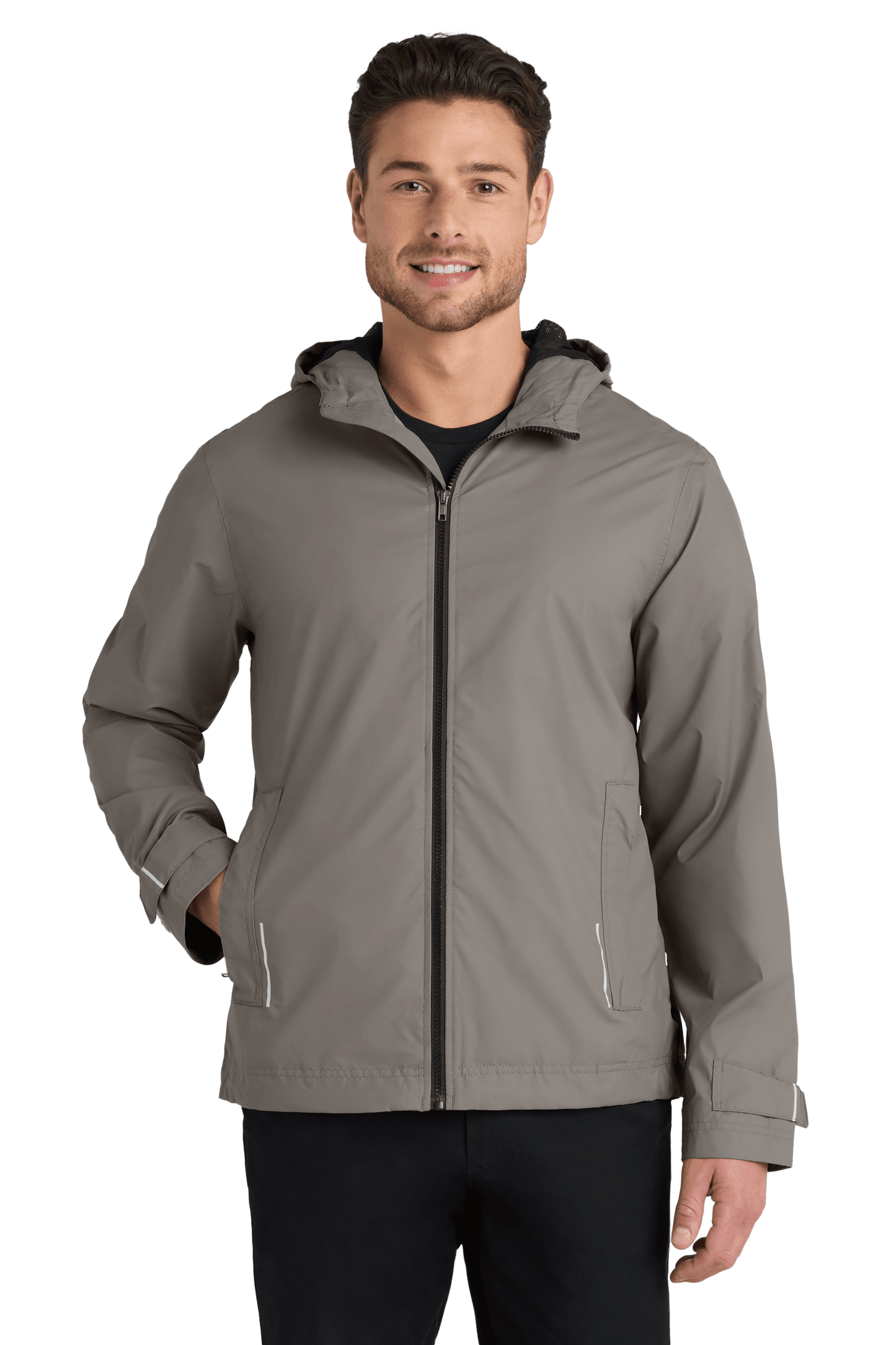 Grey Port Authority waterproof rain jacket with printed design, shown from the front view, suitable for customization.