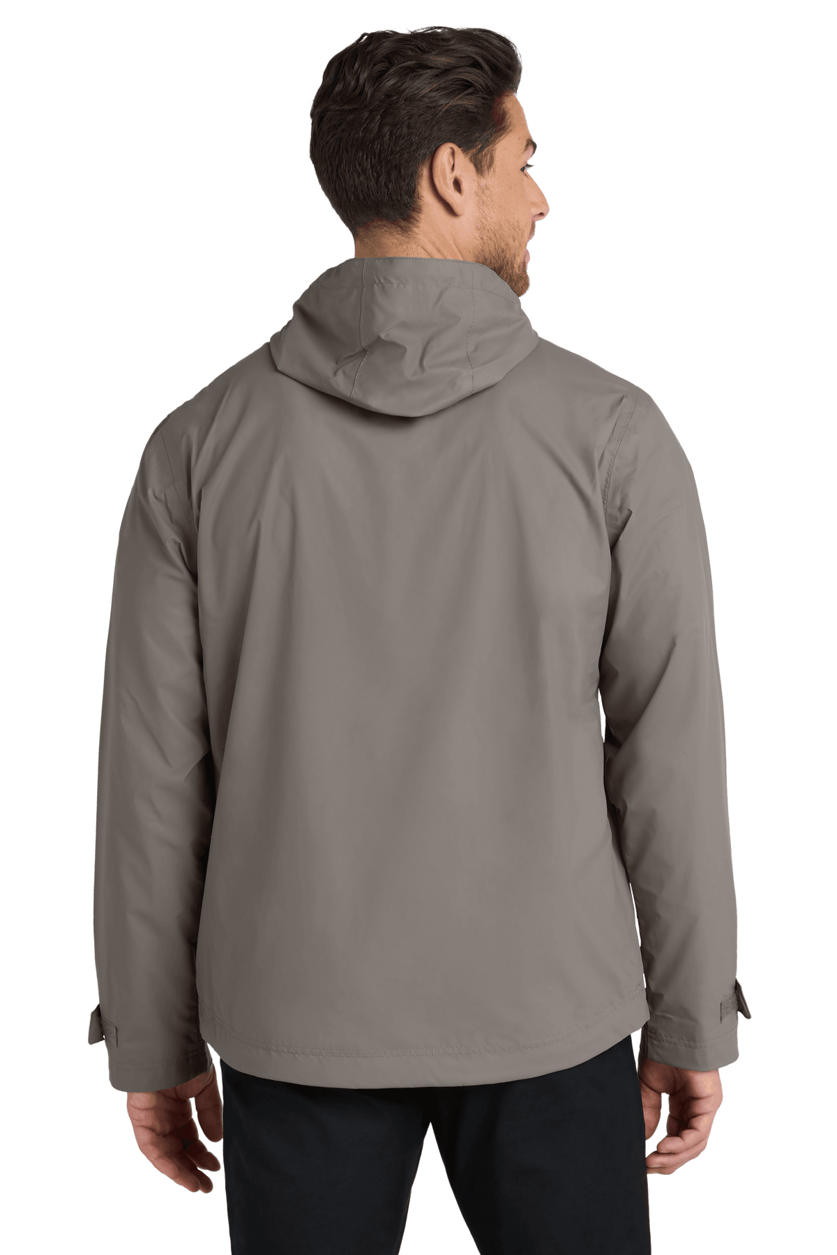 Grey waterproof rain jacket by Port Authority with printed design, showcasing its waterproof material and stylish look.
