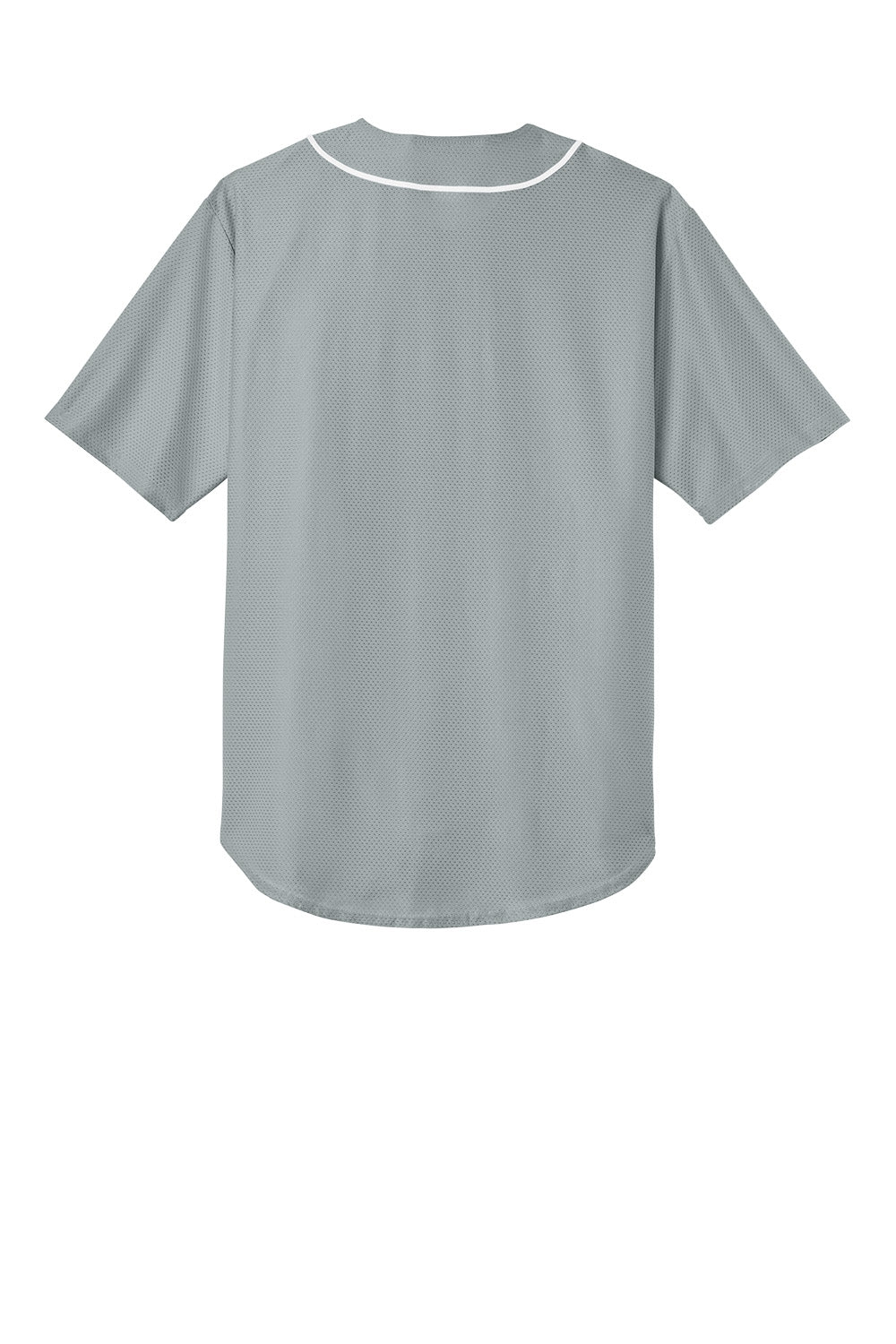 Grey short sleeve baseball jersey by Print-View with full button front and moisture-wicking fabric, shown from the back.