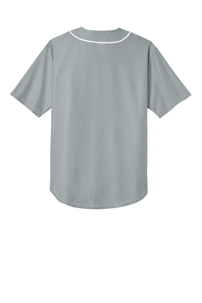 Grey short sleeve baseball jersey by Print-View with full button front and moisture-wicking fabric, shown from the back.