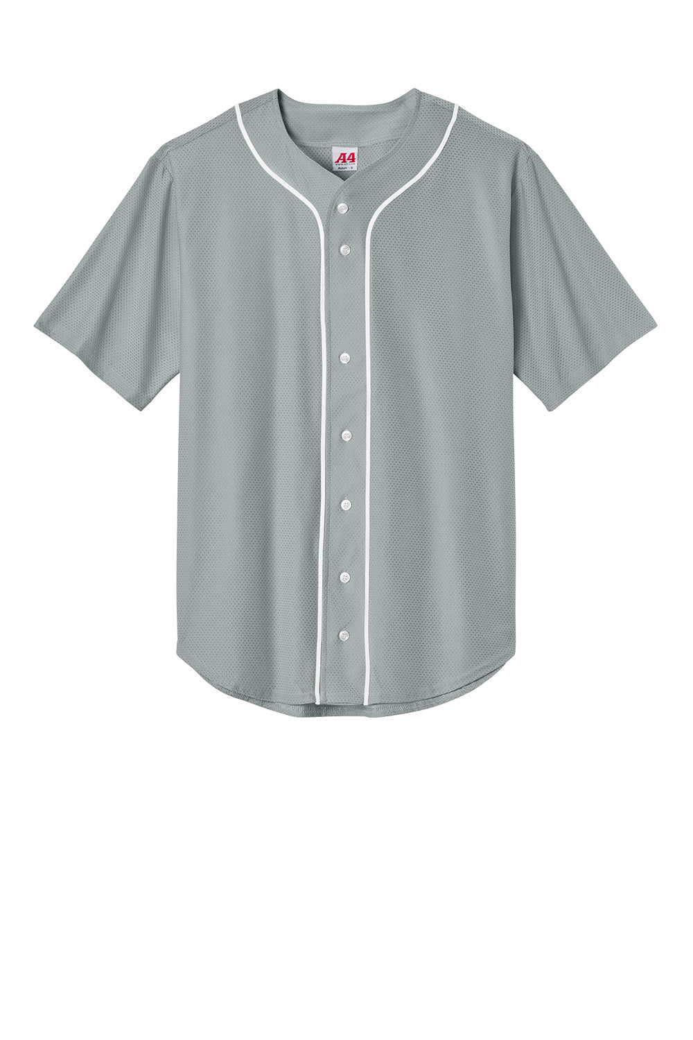 Grey short sleeve baseball jersey by Print-View featuring full-button front and moisture-wicking fabric for team uniforms.