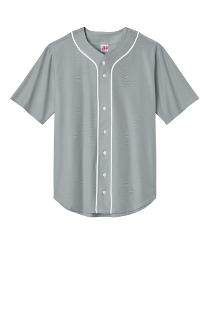 Grey short sleeve baseball jersey by Print-View featuring full-button front and moisture-wicking fabric for team uniforms.