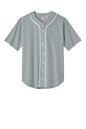 Grey short sleeve baseball jersey by Print-View featuring full-button front and moisture-wicking fabric for team uniforms.