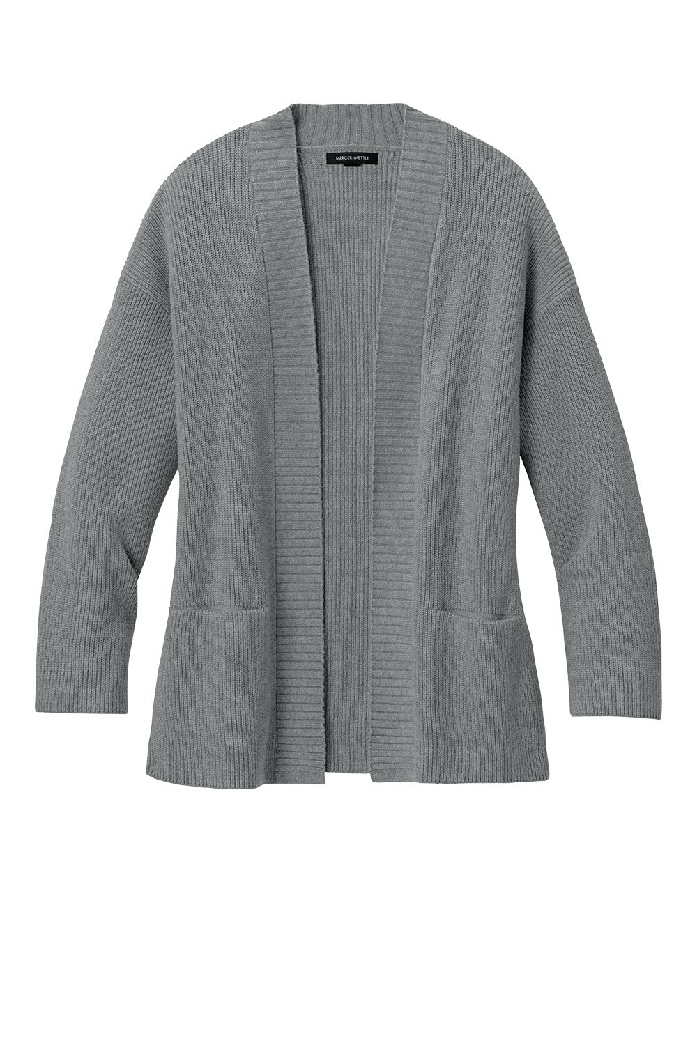 Grey Mercer+Mettle women's open front cardigan featuring a customizable half-shaker knit design, perfect for casual or layered looks.