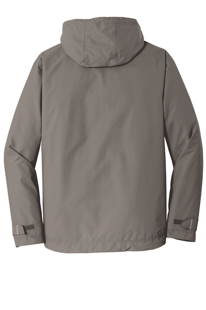Port Authority grey waterproof rain jacket with printed design, showcasing a breathable, durable rain jacket for outdoor protection.