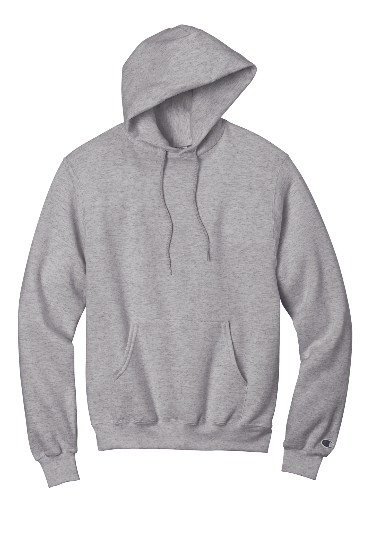 Heather grey Champion Powerblend hoodie with custom logo print, soft fleece fabric, classic fit, and comfortable design.
