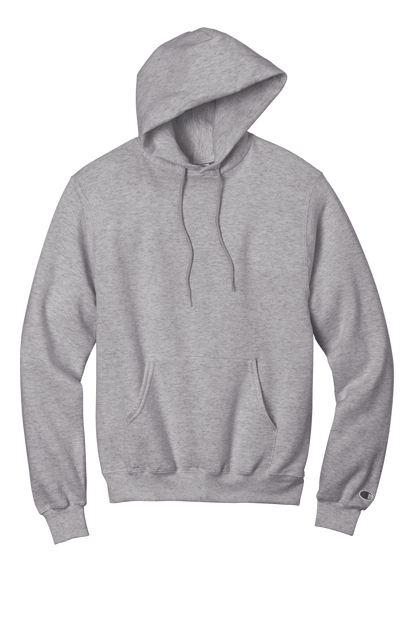 Heather grey Champion Powerblend hoodie with custom logo print, soft fleece fabric, classic fit, and comfortable design.