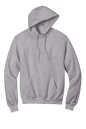 Heather grey Champion Powerblend hoodie with custom logo print, soft fleece fabric, classic fit, and comfortable design.