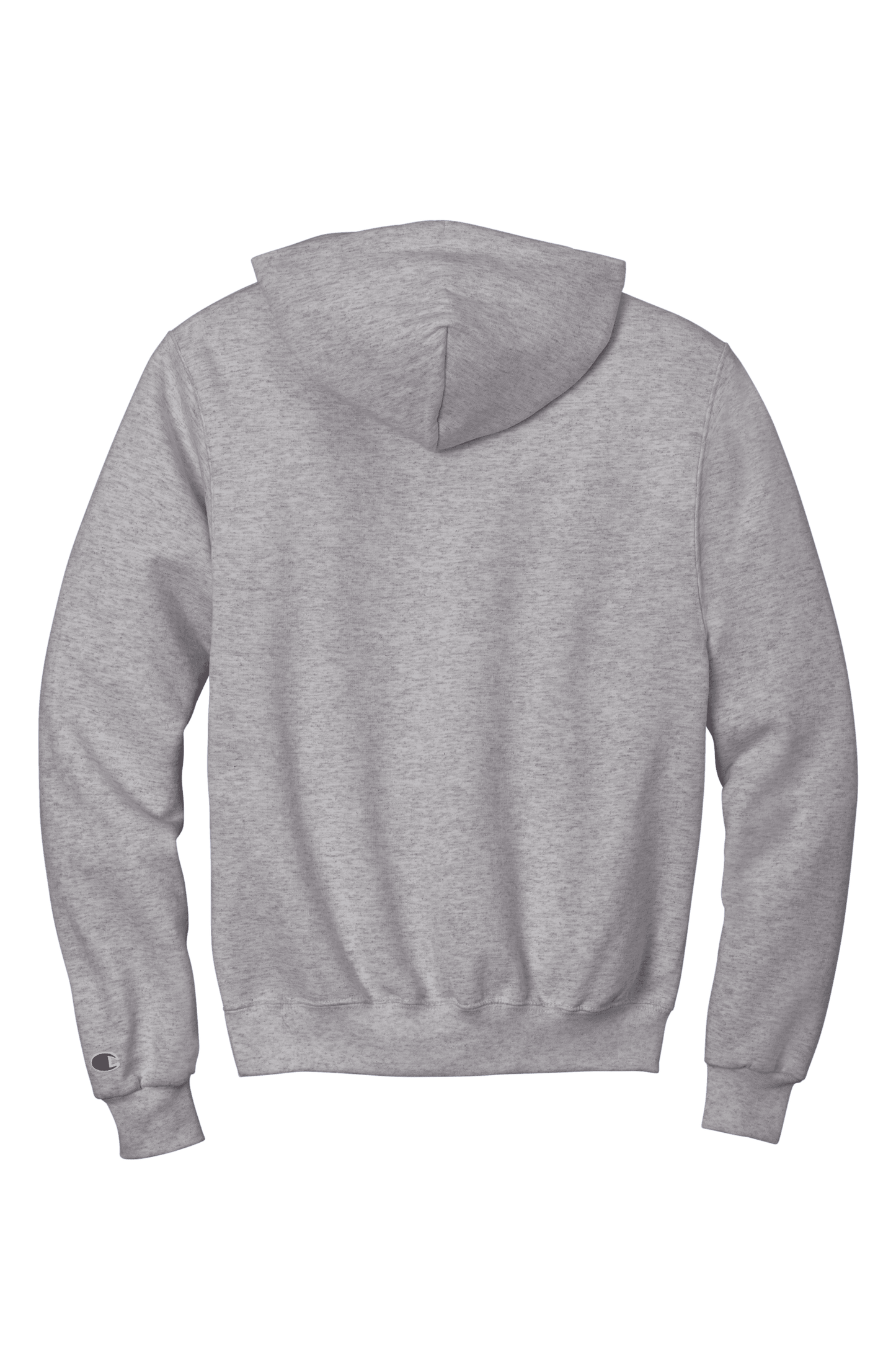 Heather grey Champion Powerblend hoodie with custom logo print, soft fleece fabric, classic fit, shown from the back.