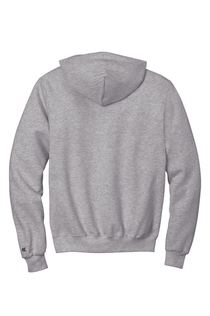 Heather grey Champion Powerblend hoodie with custom logo print, soft fleece fabric, classic fit, shown from the back.